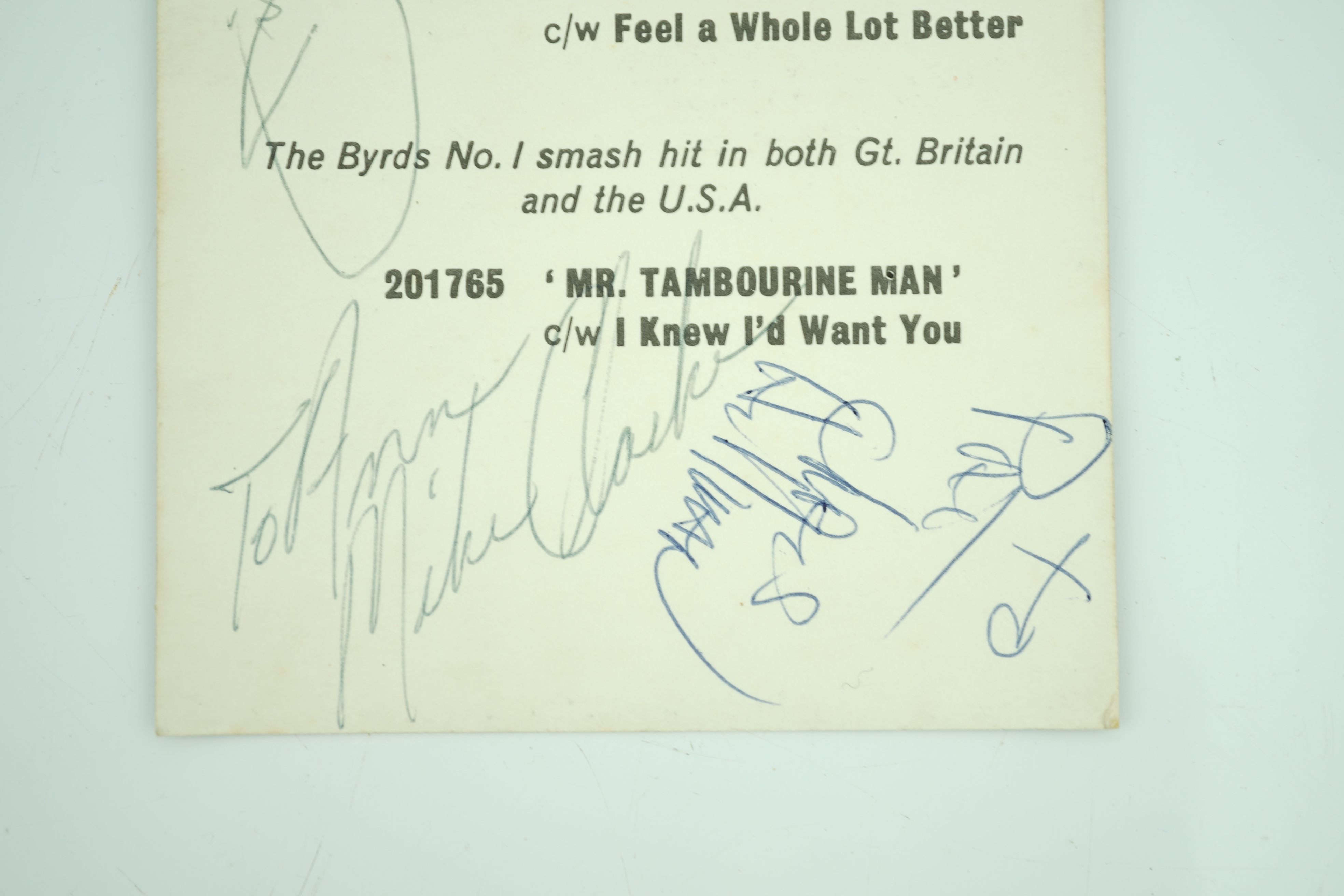 The Byrds promotional postcard signed by band members; Gene Clark, David Crosby, Roger McGuinn, Mike Clarke and Chris Hillman, with dedication ‘To Pat’ and ‘To Ann’, promoting their latest LP and single, the signatures w